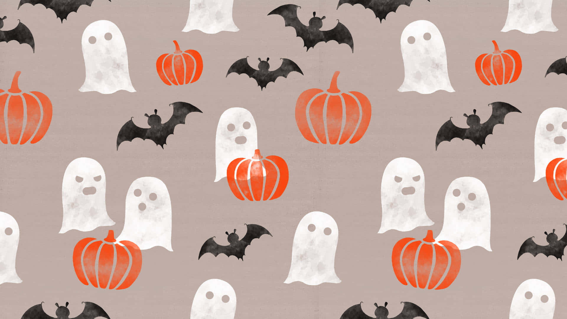 A kawaii Halloween wallpaper with a seamless pattern of cute ghosts, pumpkins, and bats on a light taupe background