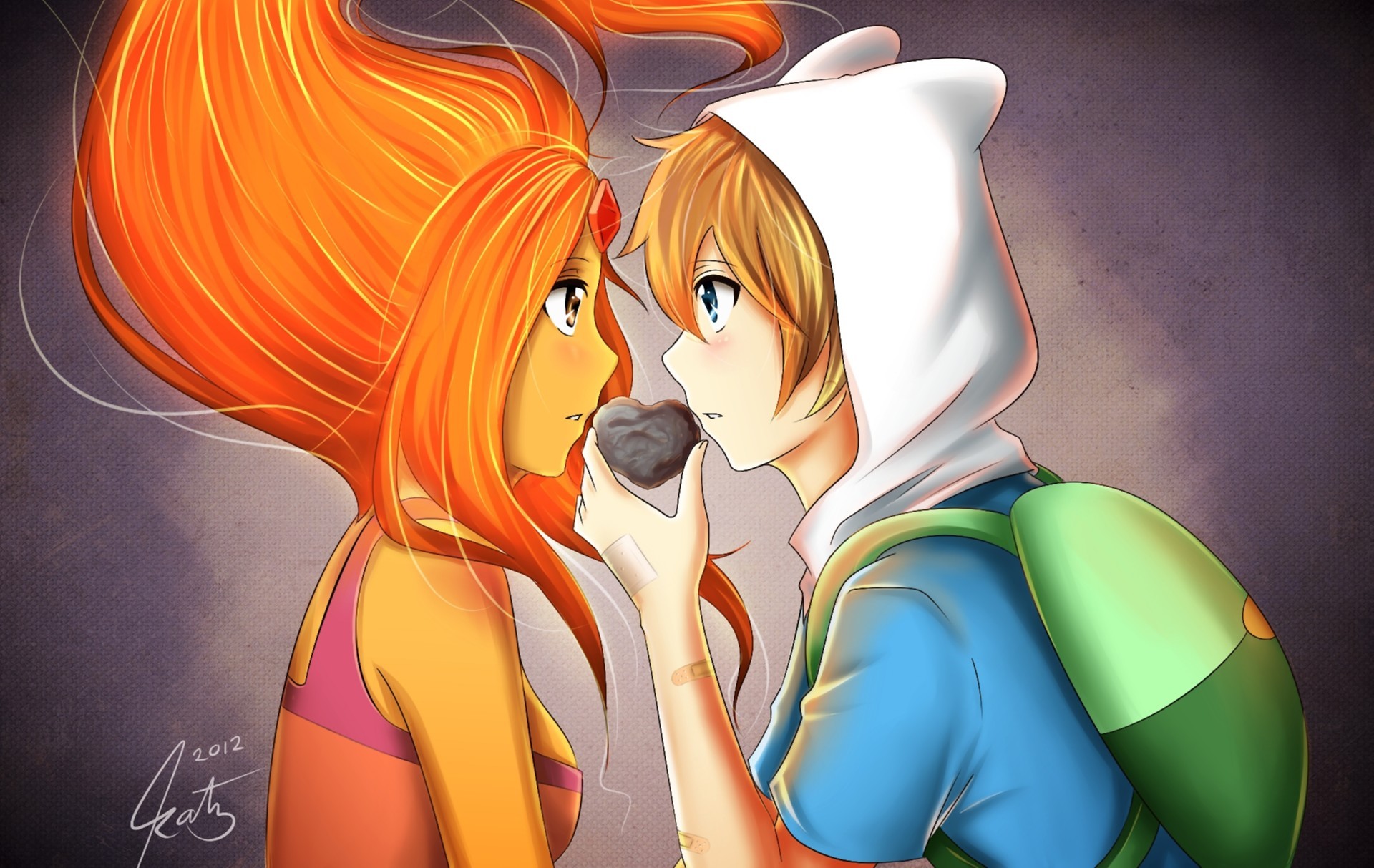 anime couple love heart art colored hair orange wallpaper