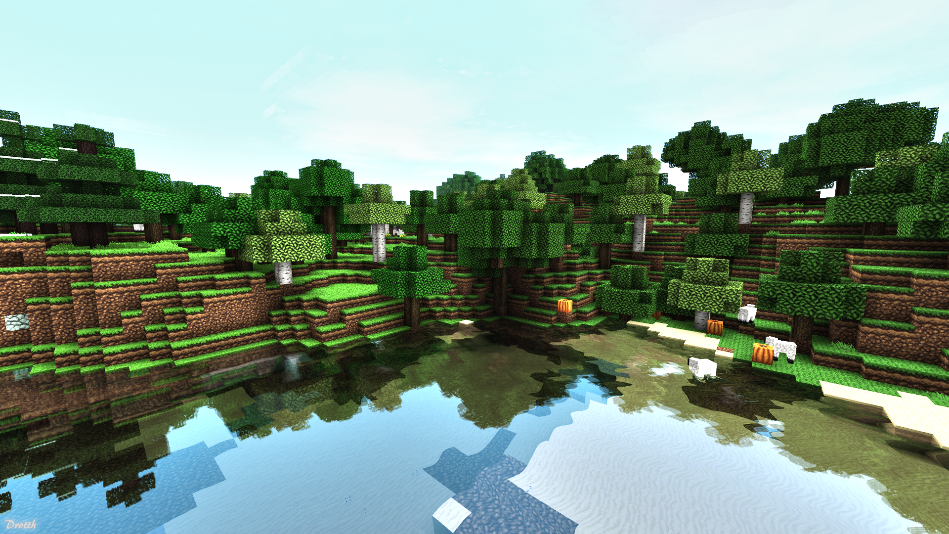 A scenic Minecraft landscape with a lush forest, calm lake, and grazing sheep