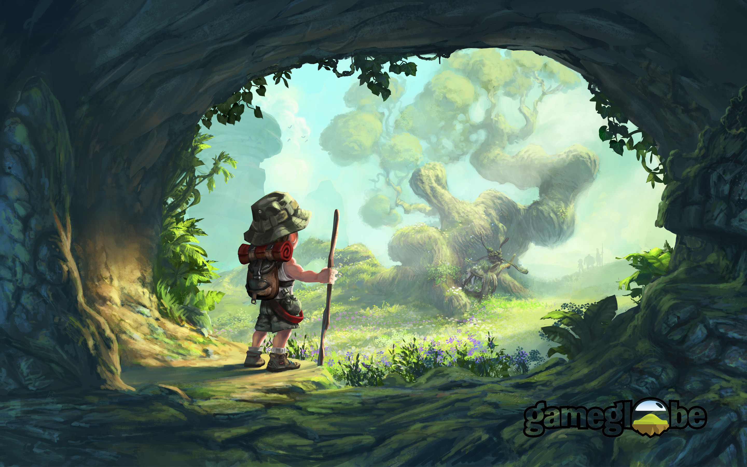 A young adventurer emerges from a dark cave, gazing upon a fantastical landscape with a unique, gnarled tree at its center in this stunning 4k gaming wallpaper