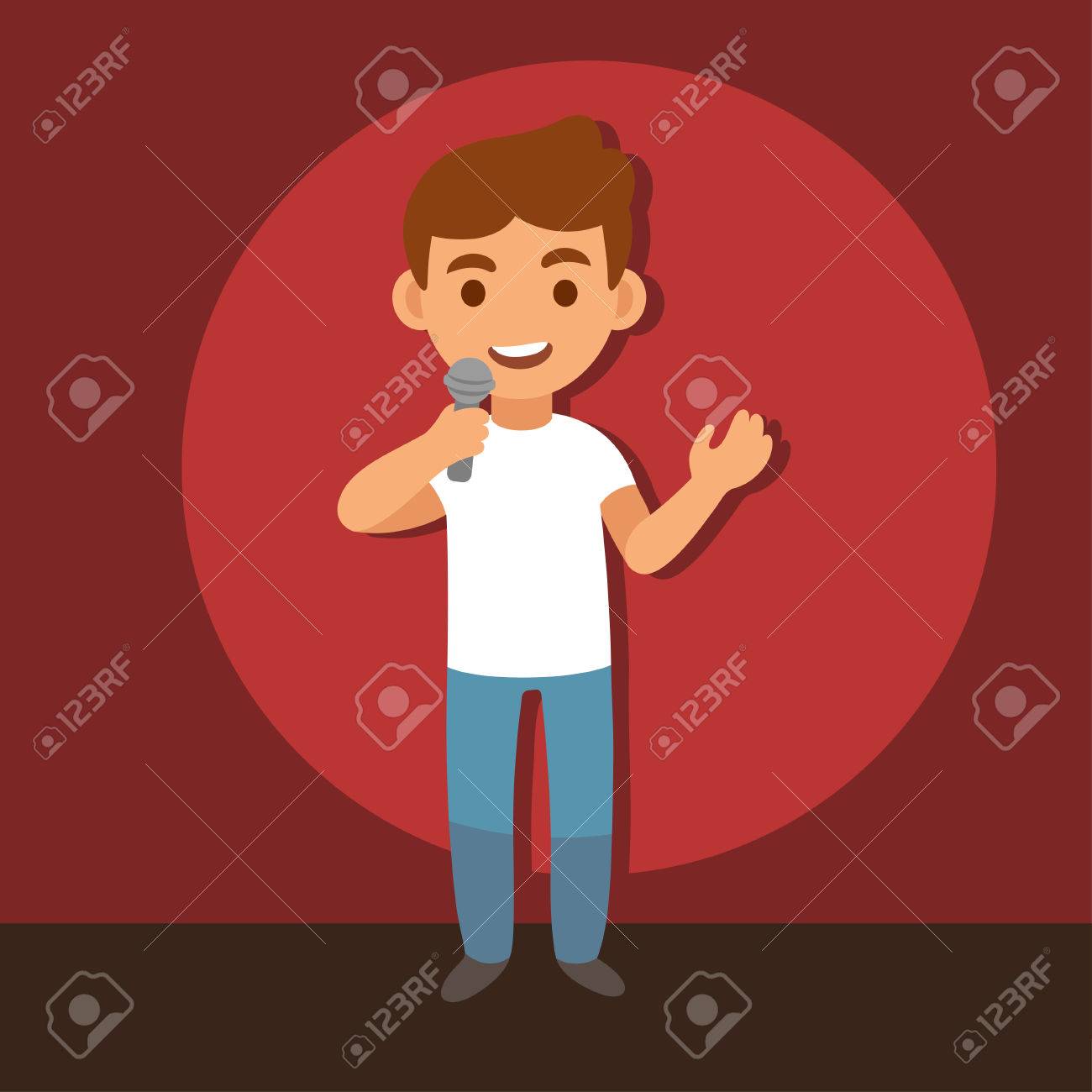 Young Stand Up Comedian With Microphone On Stage Background