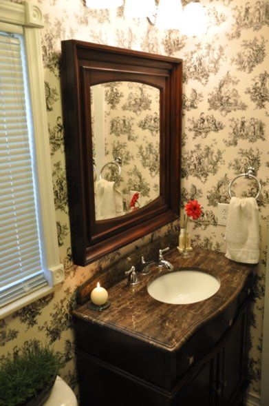 Toile Wallpaper In Small Bathroom Interior Projects