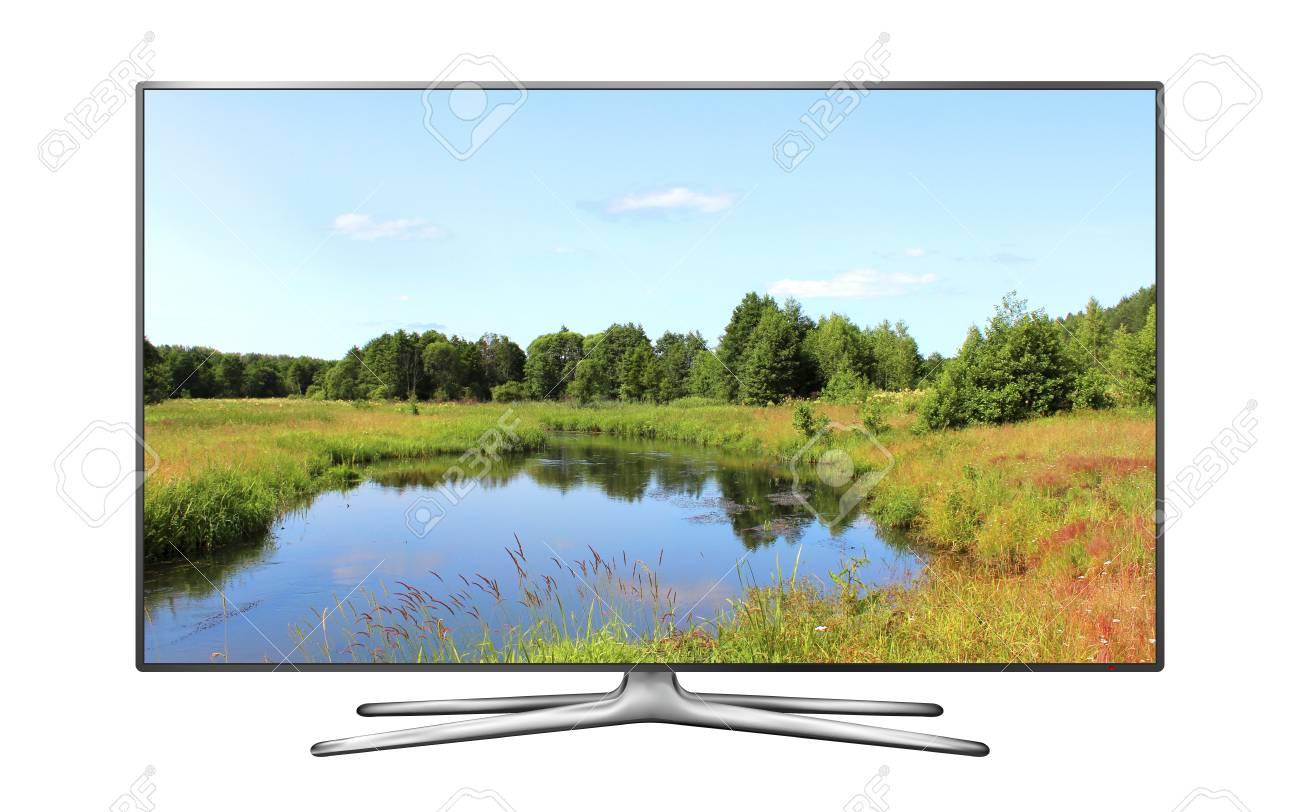 Smart Tv Screen Isolated With Nature Wallpaper Stock Photo
