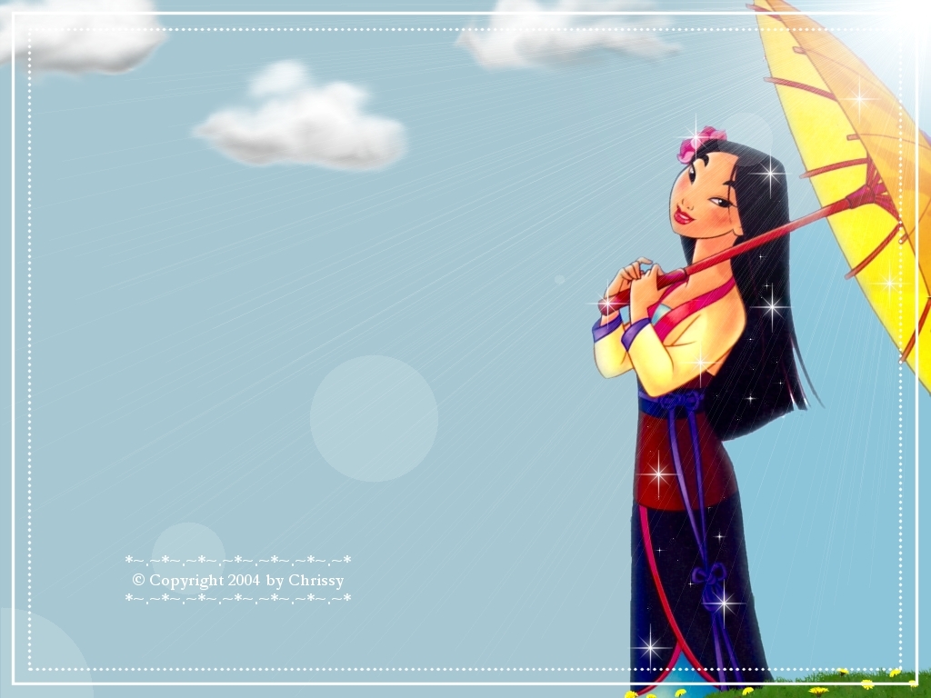 Mulan with a parasol under a cloudy blue sky