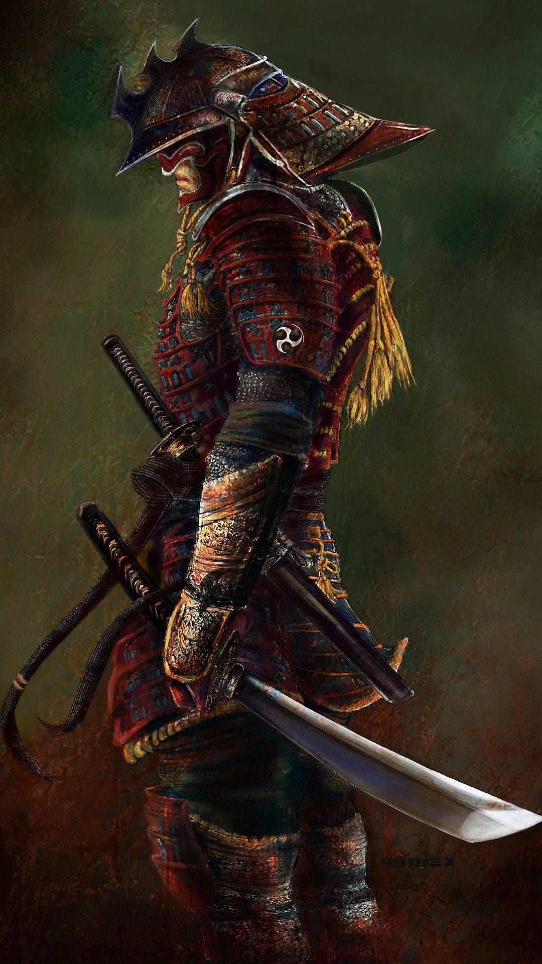 A digital painting of a samurai in profile, clad in ornate armor and holding a katana. The background is a textured dark green