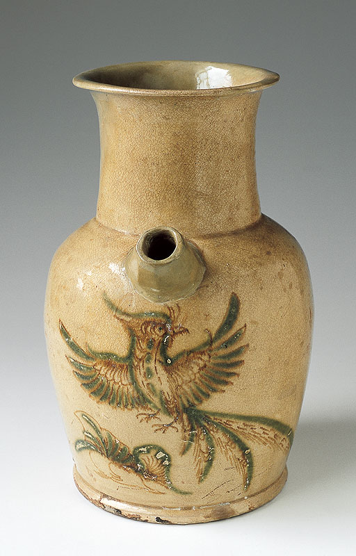 Brown And Green Colored Porcelain Ewer With Flying Phoenix Design In