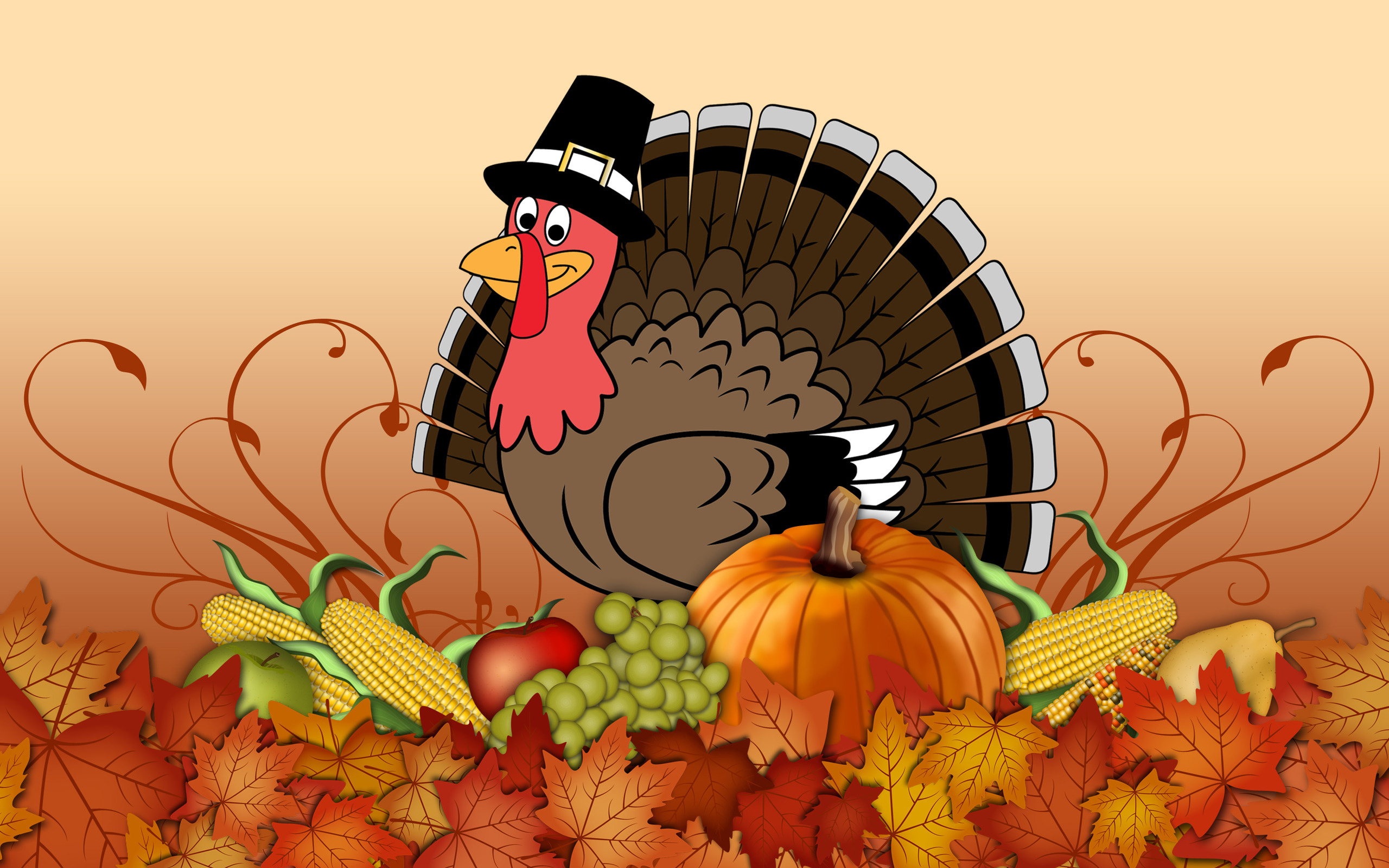 A cartoon turkey wearing a pilgrim hat sits behind a bounty of Thanksgiving food, including a pumpkin, corn, grapes, apples, and pears, all resting on a bed of autumn leaves