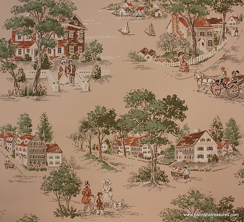 S Vintage Wallpaper Scenic With Houses And Trees Mid Century