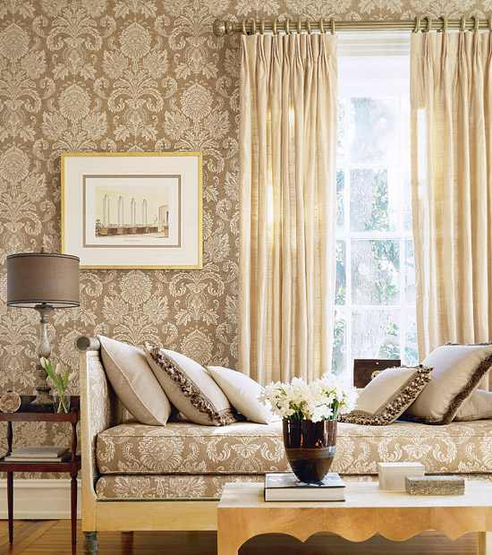 Beige damask wallpaper living room