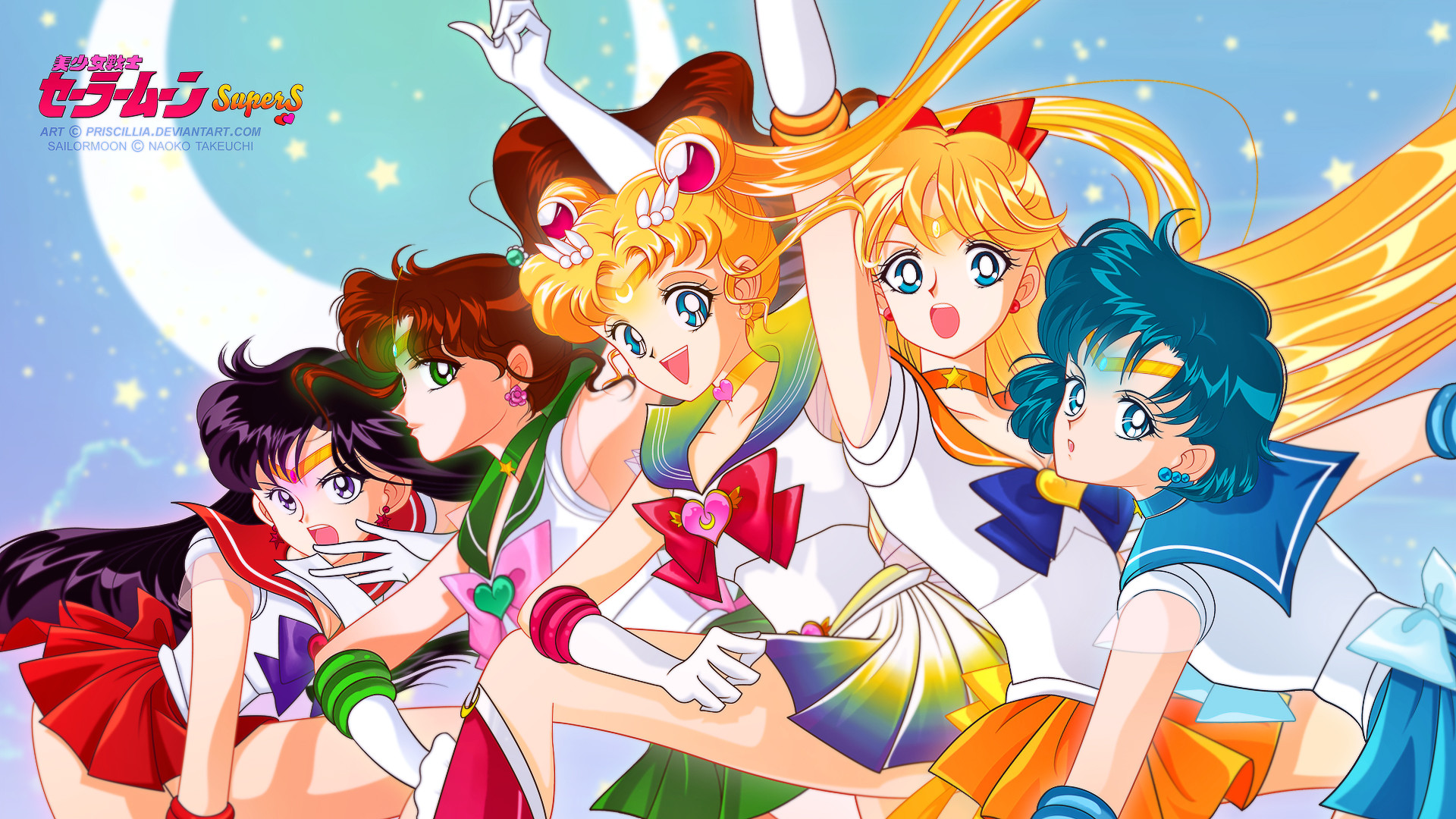 A vibrant and dynamic illustration featuring the main characters of Sailor Moon SuperS, posed in action against a backdrop of a crescent moon and starry sky.  The image captures the energy and spirit of the popular anime series