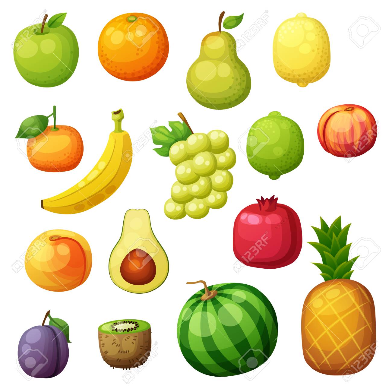 Cartoon Fruits Icons Set Isolated On White Background Vector