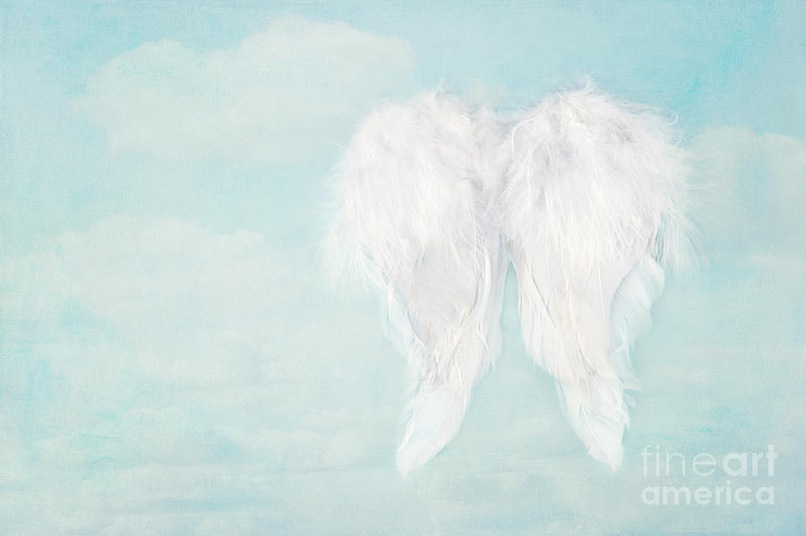 White Angel Wings On Blue Sky Background By Anna Mari West