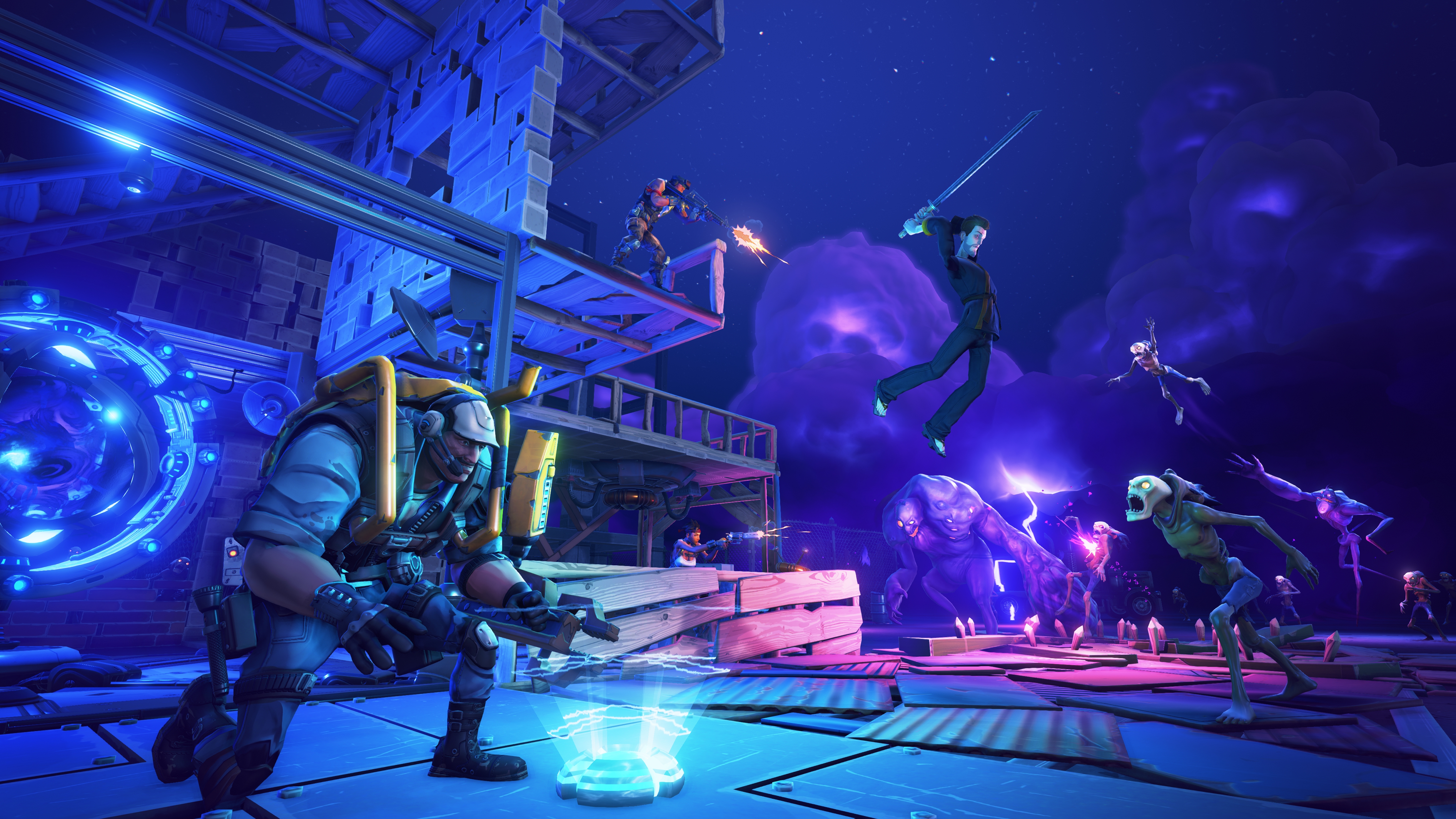 Fortnite battle scene with players fighting monsters under a night sky