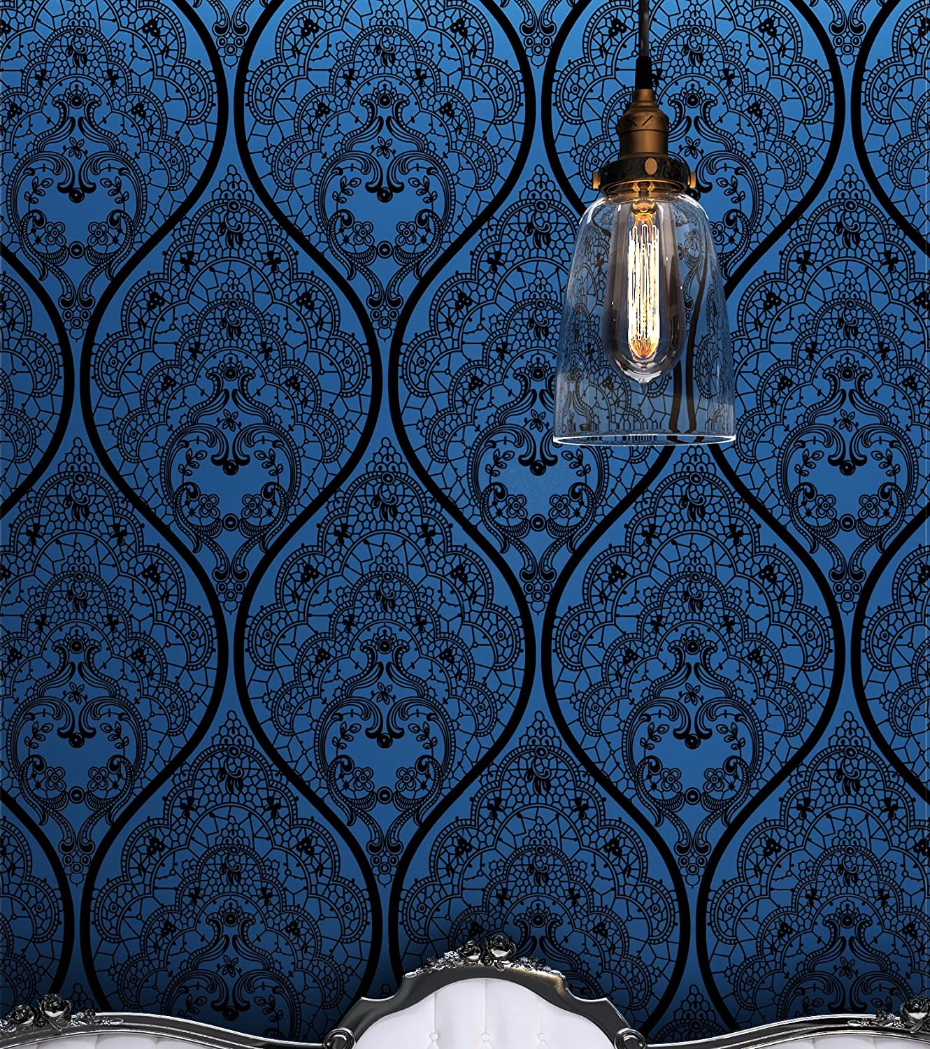 Royal Vintage Velvet Flocked Wallpaper Roll Mystery BlueBlack 1330x1500