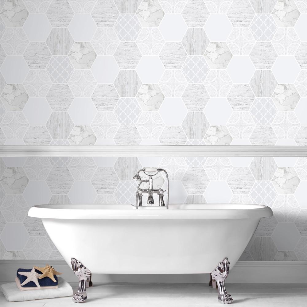 Hexagonal Marble Wallpaper In Grey From The Strata Collection By