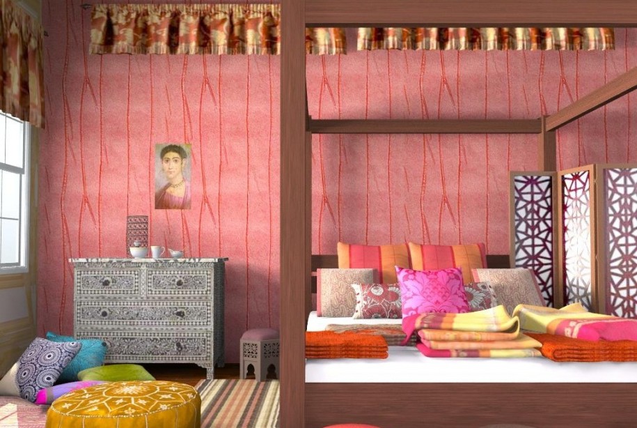 Bedroom Designs Moroccan Design Motive Wallpaper Wooden Bed
