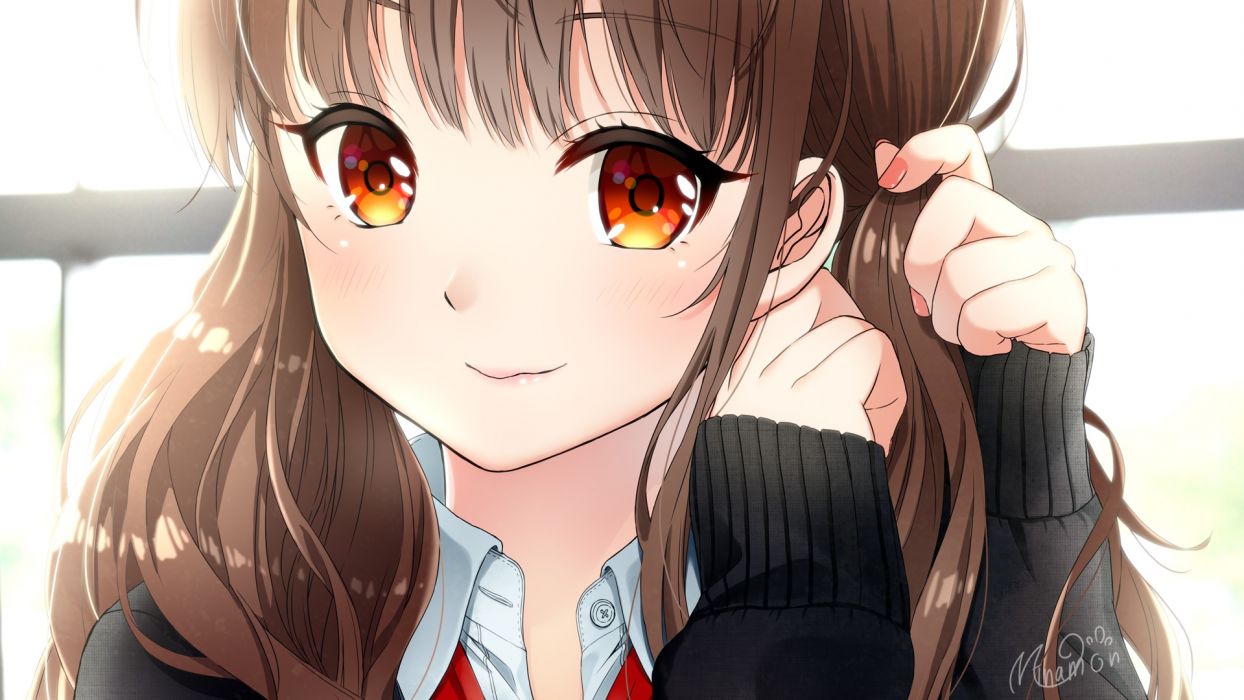 Anime girl brown hair smiling close up original anime girl