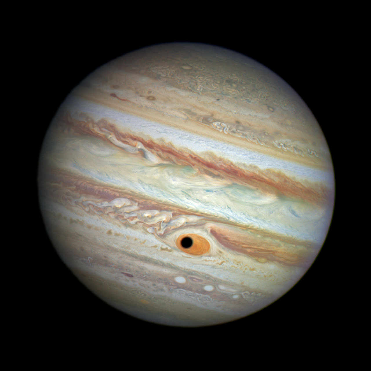 Jupiter S Great Red Spot And Ganymede Shadow Colour Esa Hubble