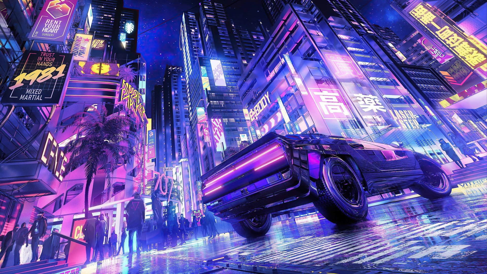 A cyberpunk city street at night, with neon signs, a futuristic car, and crowds of people