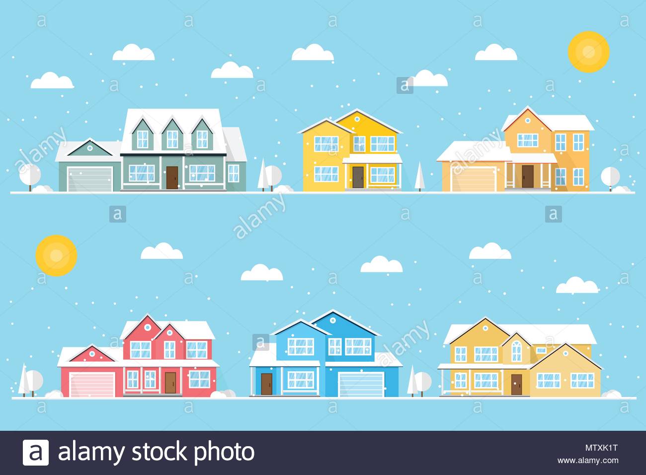 Neighborhood With Homes And Snowflakes Illustrated On The Blue