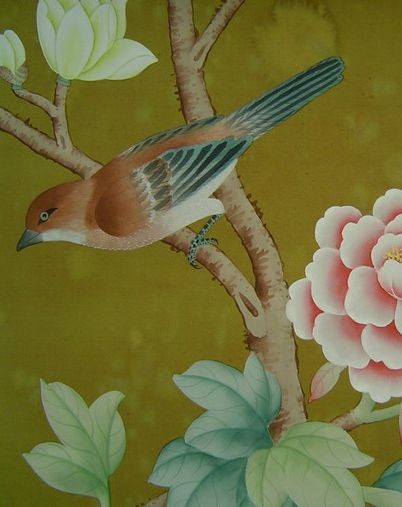 Bird Pattern Handpainted Silk Wallpaper Asian