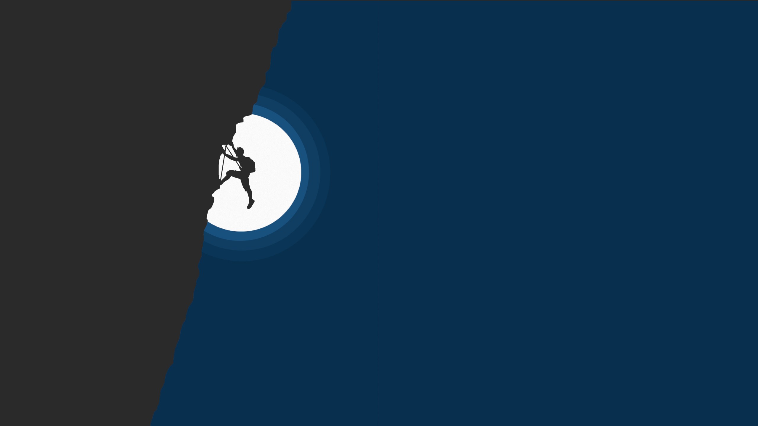 A minimalist wallpaper featuring a silhouetted figure climbing a dark cliff face against a deep blue backdrop, with a circular white glow surrounding the climber, creating a sense of adventure and solitude