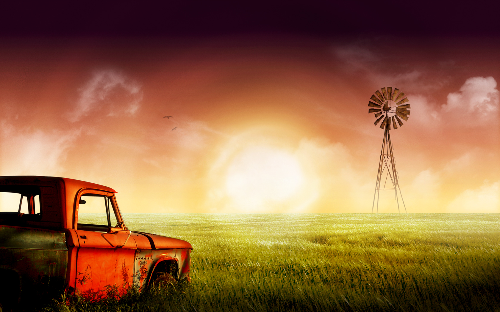 Creative HD Windmill Lawn Car Old Wallpaper Full