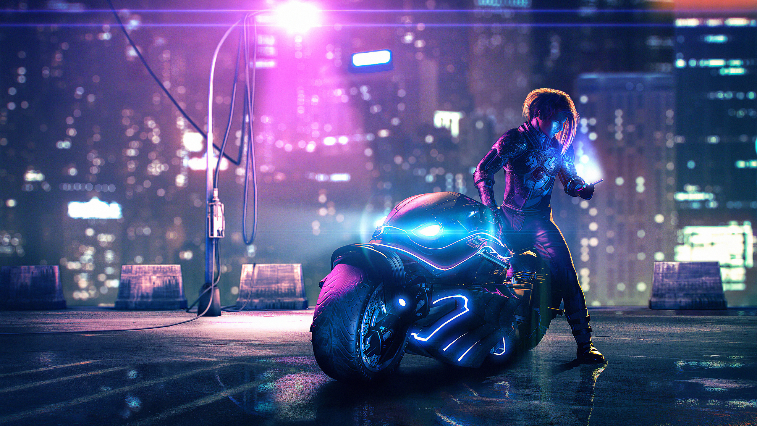 Cyberpunk Bike Street Light 1440p Resolution HD 4k Wallpaper Image