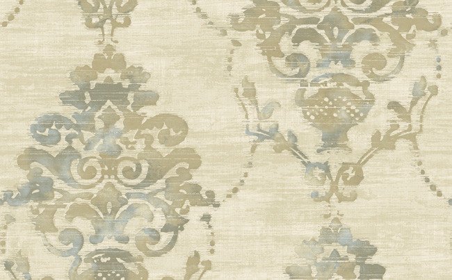 Distressed Damask Wallpaper In Blues And Beige Design By Seabrook