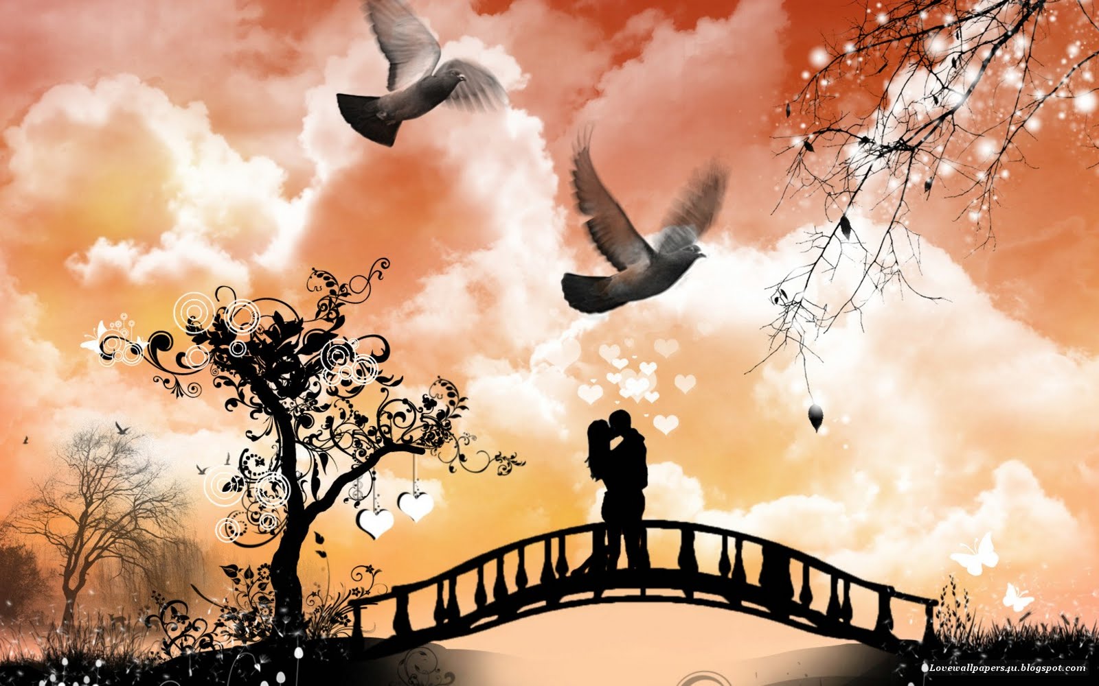 A silhouette of a couple kissing on a bridge at sunset, with two doves flying overhead and decorative hearts hanging from a stylized tree