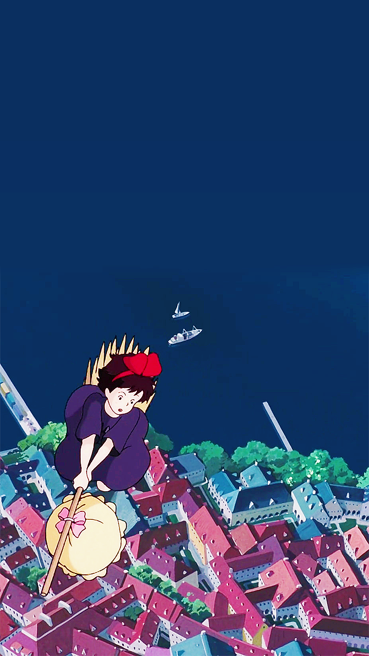 Wallpaper  anime girls Kikis Delivery Service sky Oki Kiki jiji  black cats flowers witch animals black hair boat bow tie city  clouds black dress headband high angle short hair witchs broom