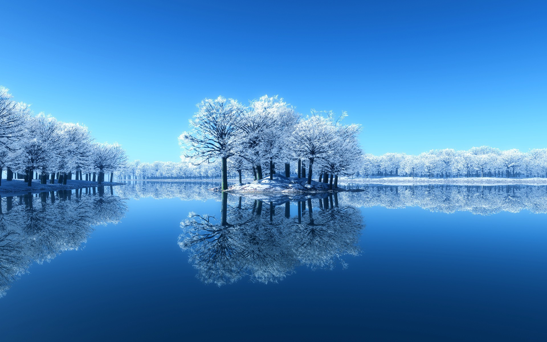 Serene winter landscape with snow-covered trees reflected in a calm lake