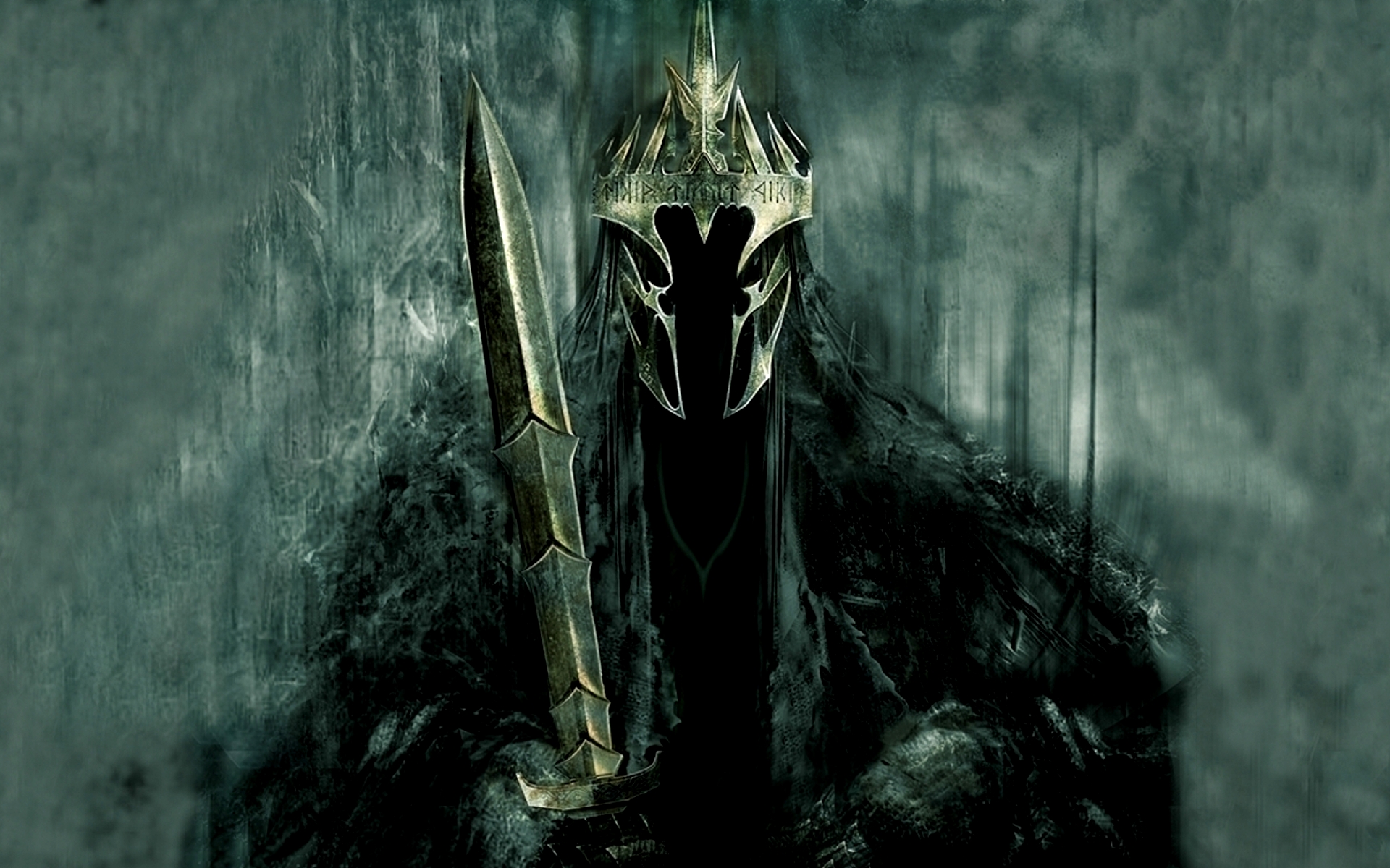 A dark and imposing figure, reminiscent of the Witch-king of Angmar from Lord of the Rings, stands against a misty forest backdrop.  The figure is clad in dark armor, holds a long, pointed sword, and wears a crown