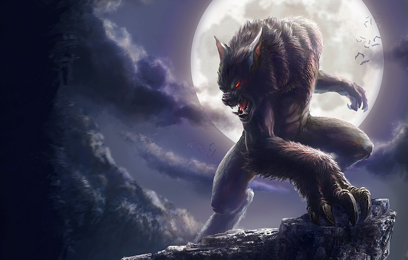 Wallpaper Clouds Open Bats Art Werewolf Full Moon Image For