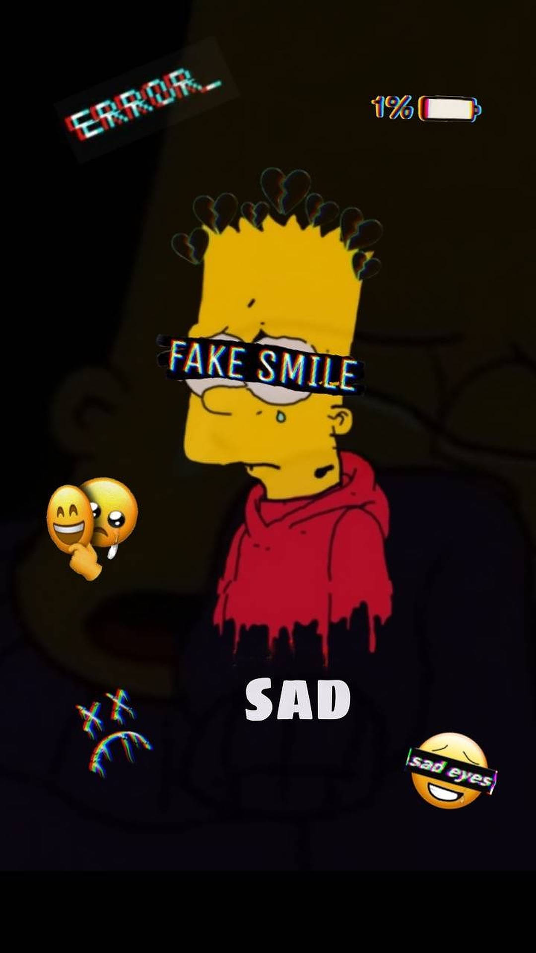 Sad cartoon character with fake smile and low battery, conveying feelings of sadness and exhaustion