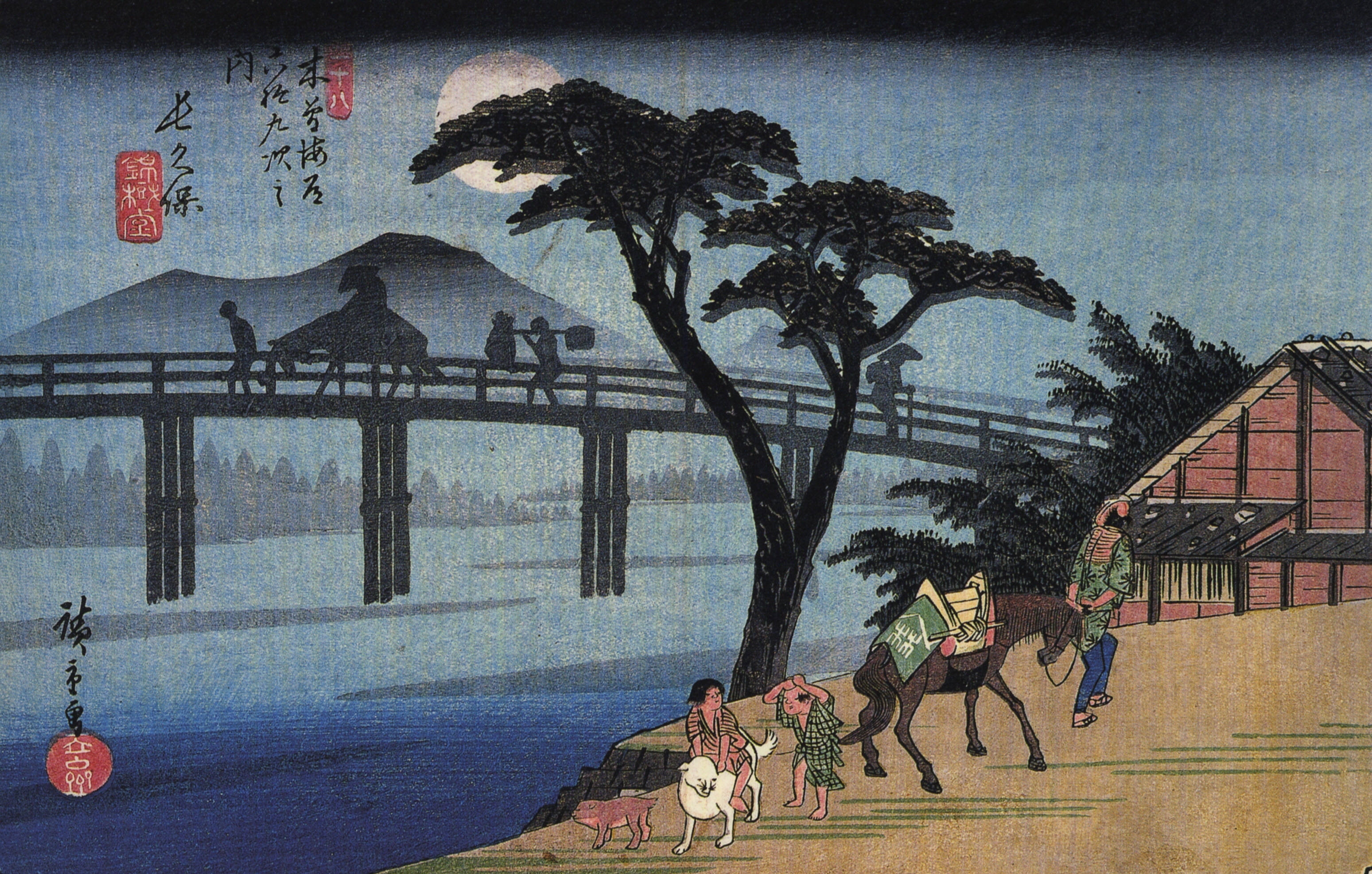Trees Moon Japanese Bridges Horses Artwork Ukiyoe Hiroshige