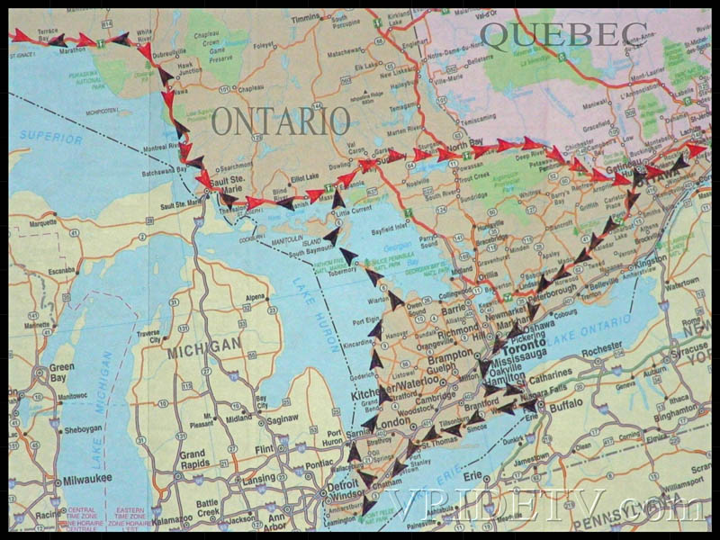 route taken in Ontario and Quebec on a Motorcycle trip across Canada 800x600