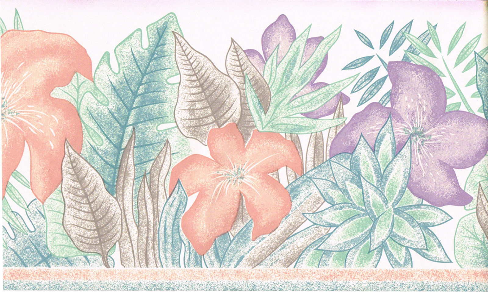 Pastel Blue Tropical Palm Leaf Foliage Peach Floral Flower Wall Paper