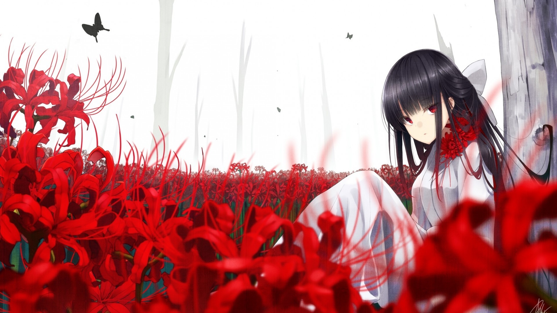 Red Eyes Anime Girl Butterfly Flowers Black Hair And