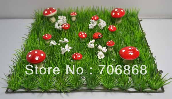 Plastic Grass Mat With Red Mushroom And White Flower