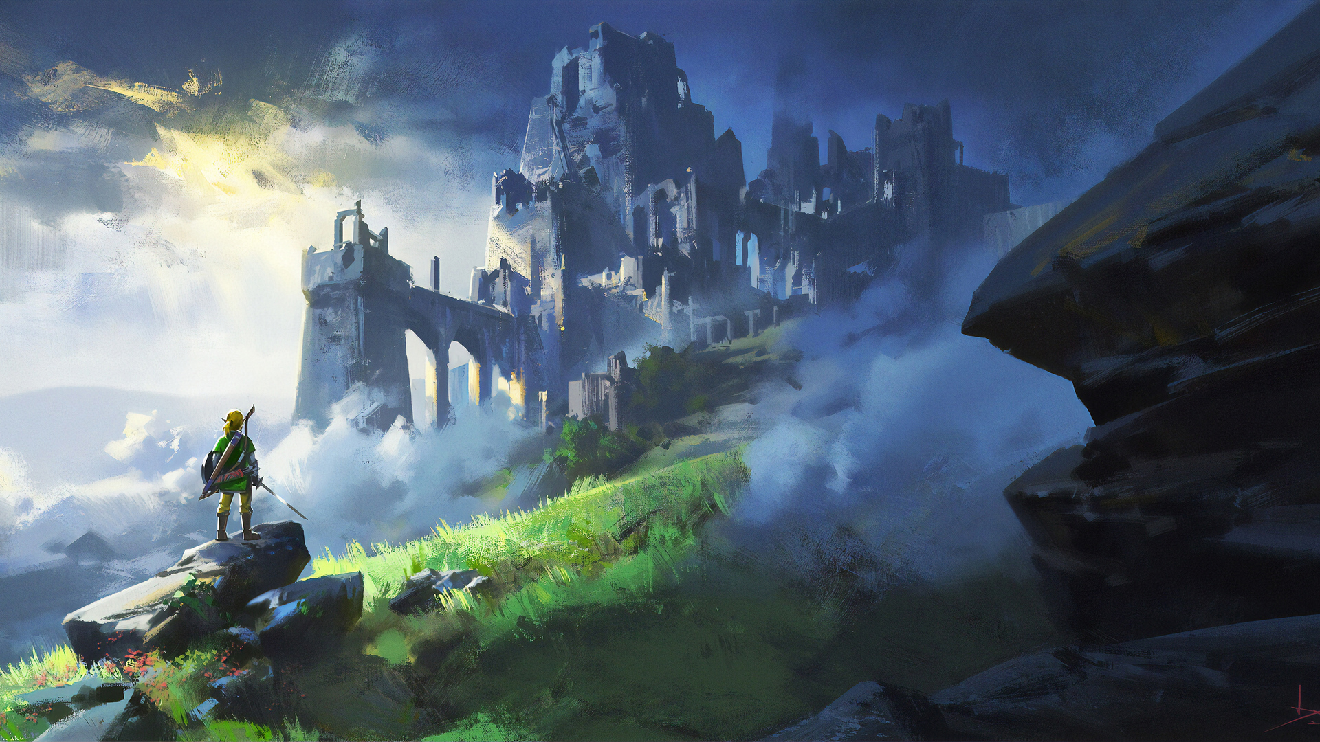 Link from the Legend of Zelda standing on a cliff overlooking a ruined castle in the clouds