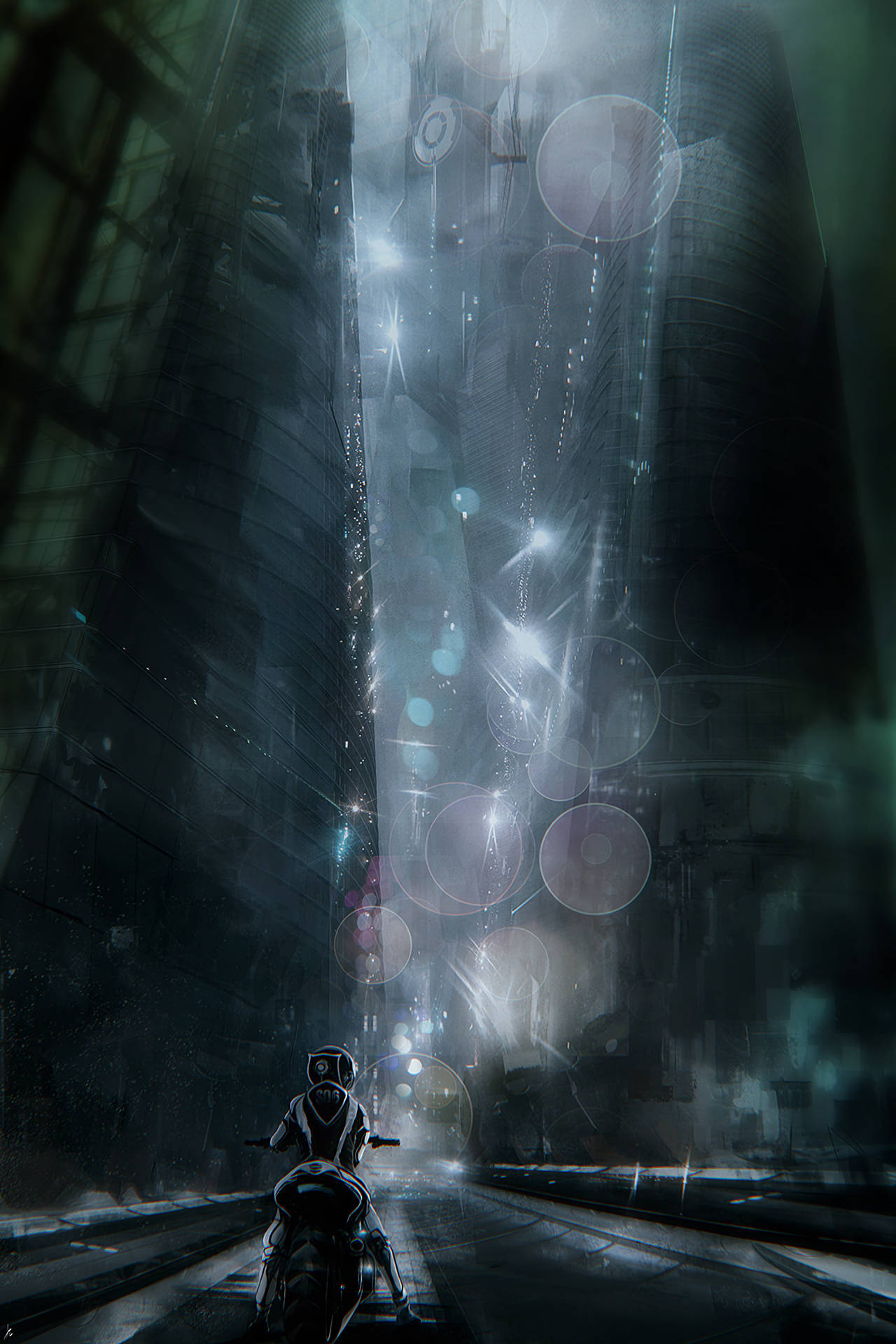 A lone motorcyclist navigates a dark, futuristic cityscape in this cyberpunk illustration. Bokeh effects and towering structures create a sense of depth and mystery