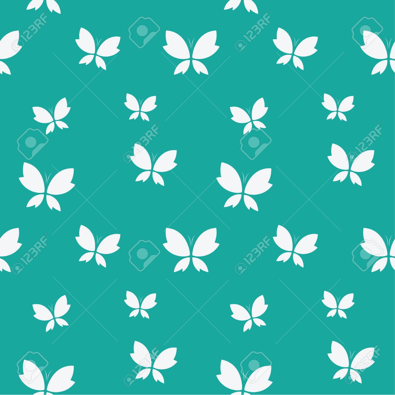 Vector Seamless Pattern With White Butterfly On Blue Background