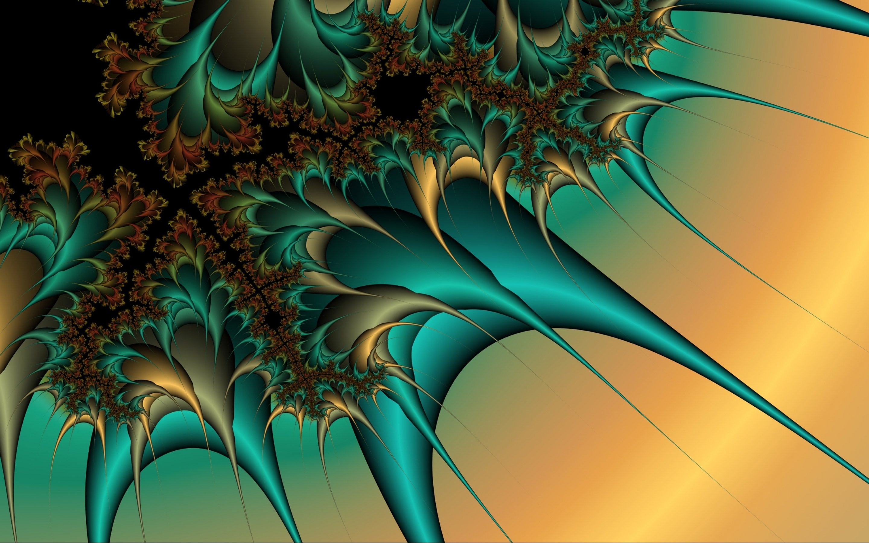 A vibrant abstract fractal design with swirling teal and gold shapes on a gradient background, reminiscent of digital art or a computer-generated image