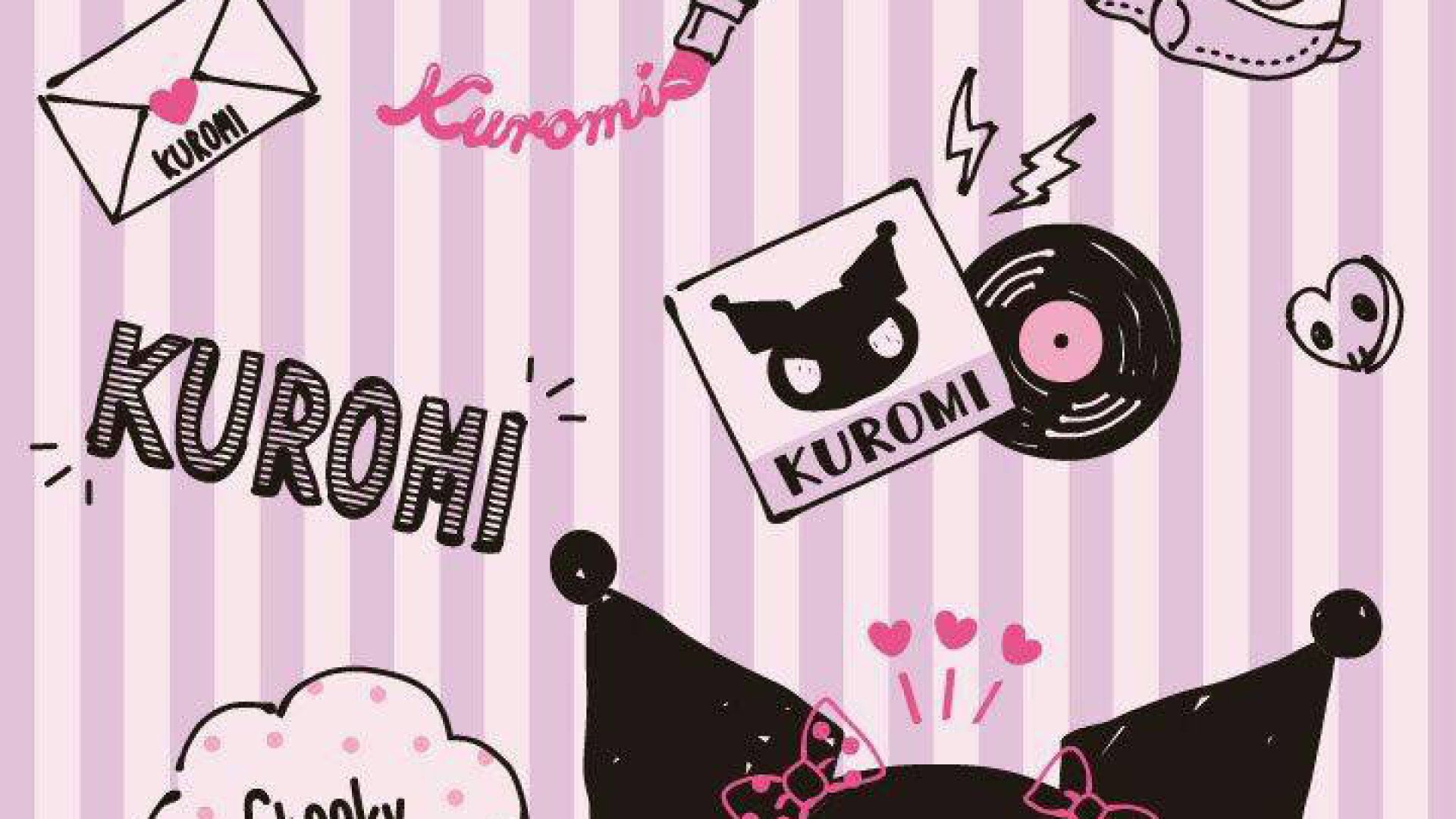 A whimsical collage featuring Kuromi, the popular Sanrio character, with various elements like a vinyl record, lipstick, envelope, and speech bubbles on a striped pink background