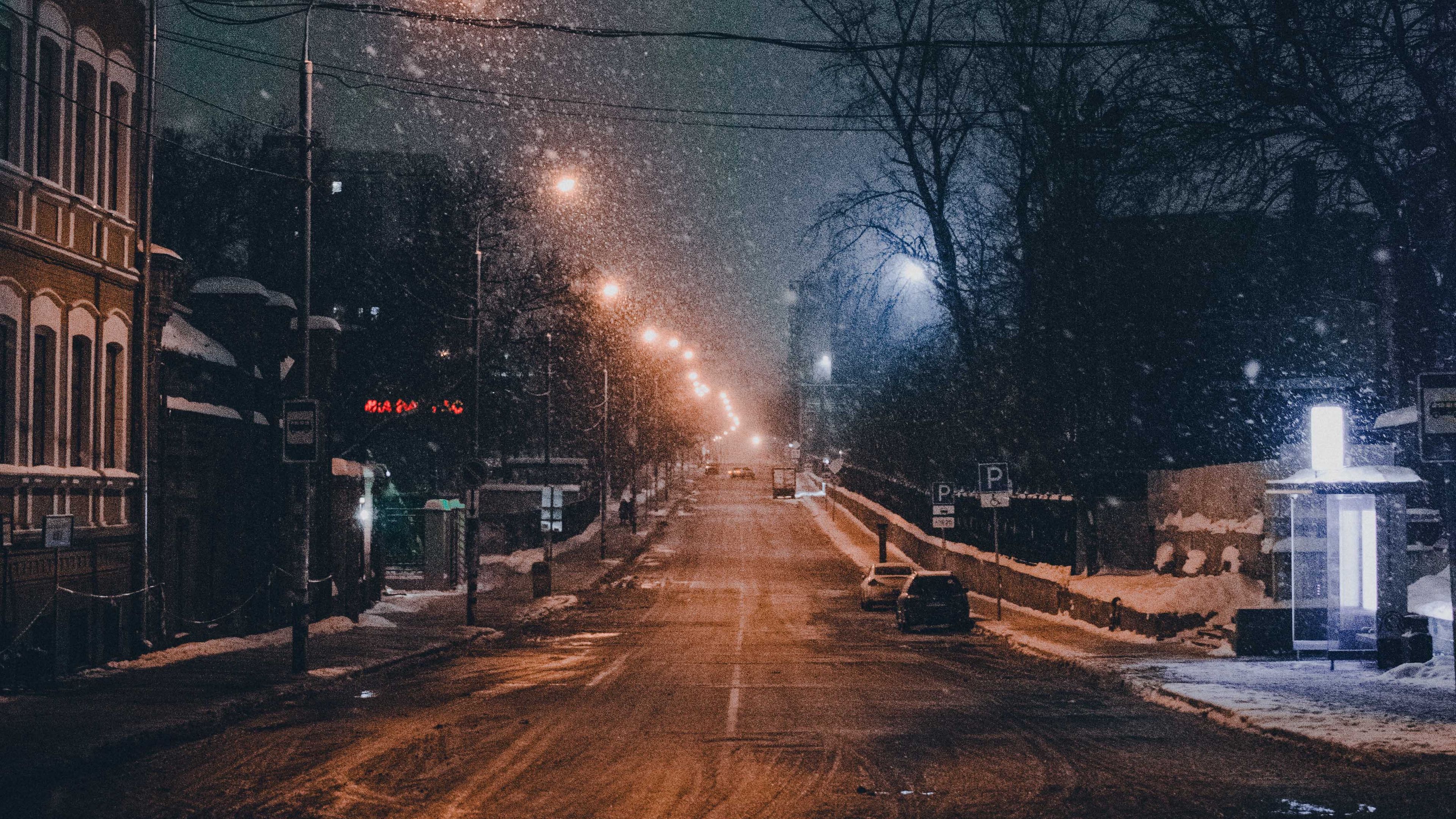 Wallpaper Id Night City Road Snowfall Winter Twilight