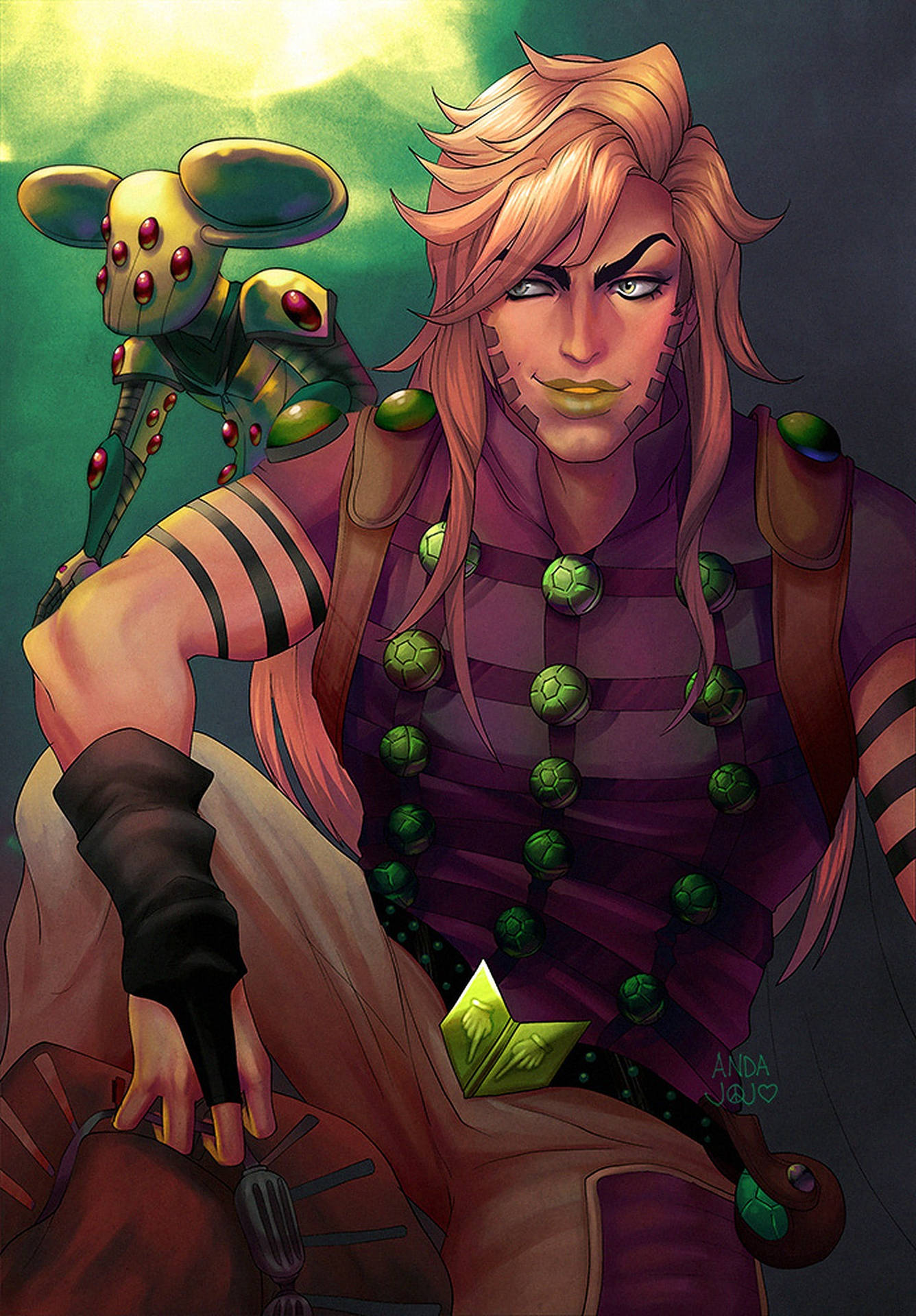 Fan art of Gyro Zeppeli from JoJo's Bizarre Adventure, posing with his Steel Ball Run partner, a mechanical beetle