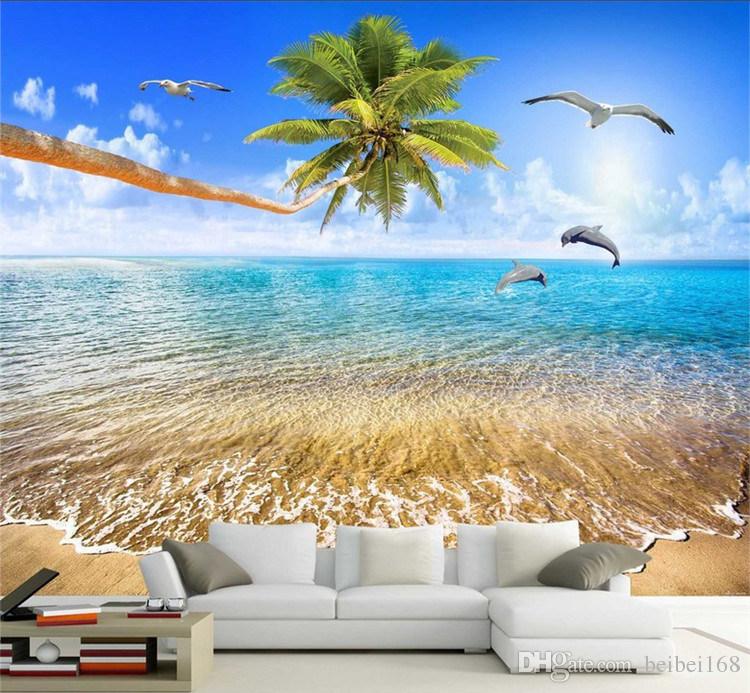Custom Mural Wallpaper Sea Beach Coconut Trees Dolphin Photo