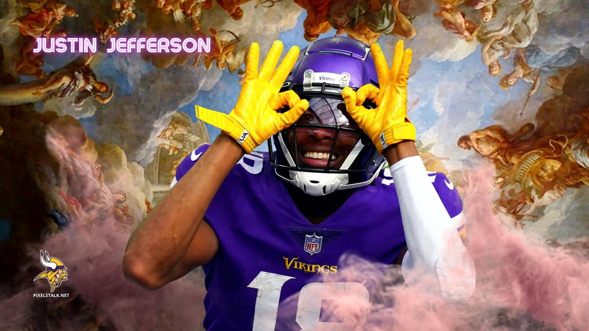 Justin Jefferson of the Minnesota Vikings makes the 'OK' symbol with his hands in front of a Renaissance painting background