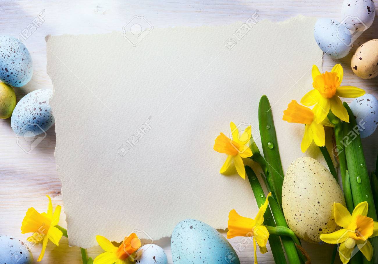Happy Easter Background With Easter Eggs And Spring Flowers Stock